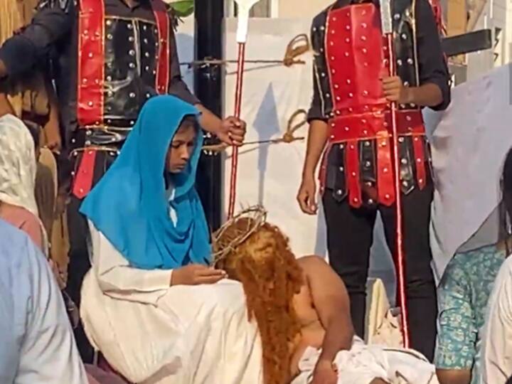 A skit depicting the crucifixion of Jesus Christ during the 'Way of the Cross' procession held in Coimbatore, Tamil Nadu on Good Friday.