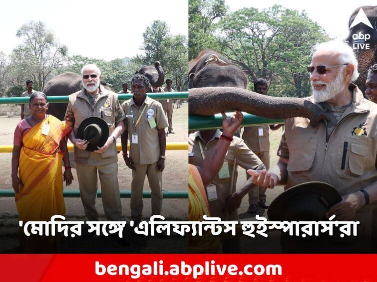 PM Narendra Modi meets oscar winner The Elephant Whisperers couple Bomman and Bellie at Theppakadu Elephant Camp PM Modi: মোদিকে দেখে উচ্ছ্বসিত 'দ্য এলিফ্যান্টস হুইস্পারার্স' এর মাহুত দম্পতি! প্রধানমন্ত্রীকে শুঁড়ে আদর রঘুর