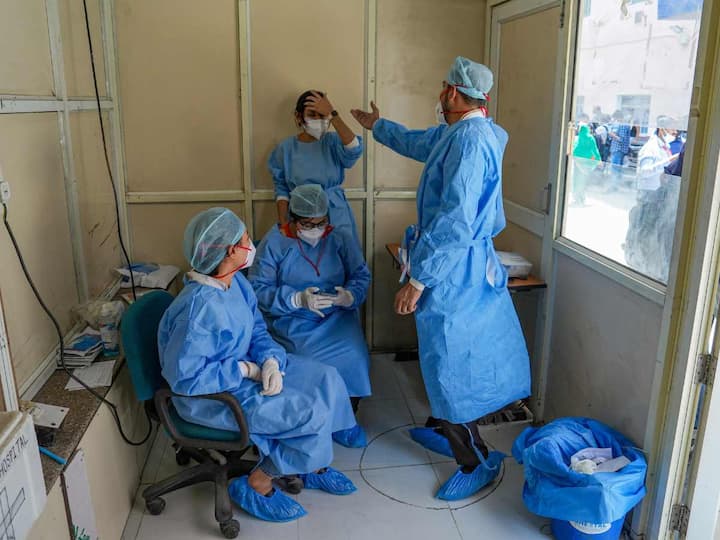 Healthcare workers were seen taking part in Covid-19 mock drills at Ram Manohar Lohia Hospital today amid the surging Covid cases in New Delhi. (Source: PTI)