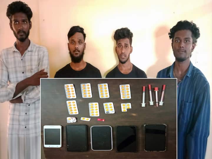 Villupuram 4 youths were arrested for selling drug pills and needles stored at home in Tindivanam TNN Crime: வீட்டில் பதுக்கி வைத்து போதை ஊசி, மாத்திரை  விற்பனை -  4 வாலிபர்கள் கைது