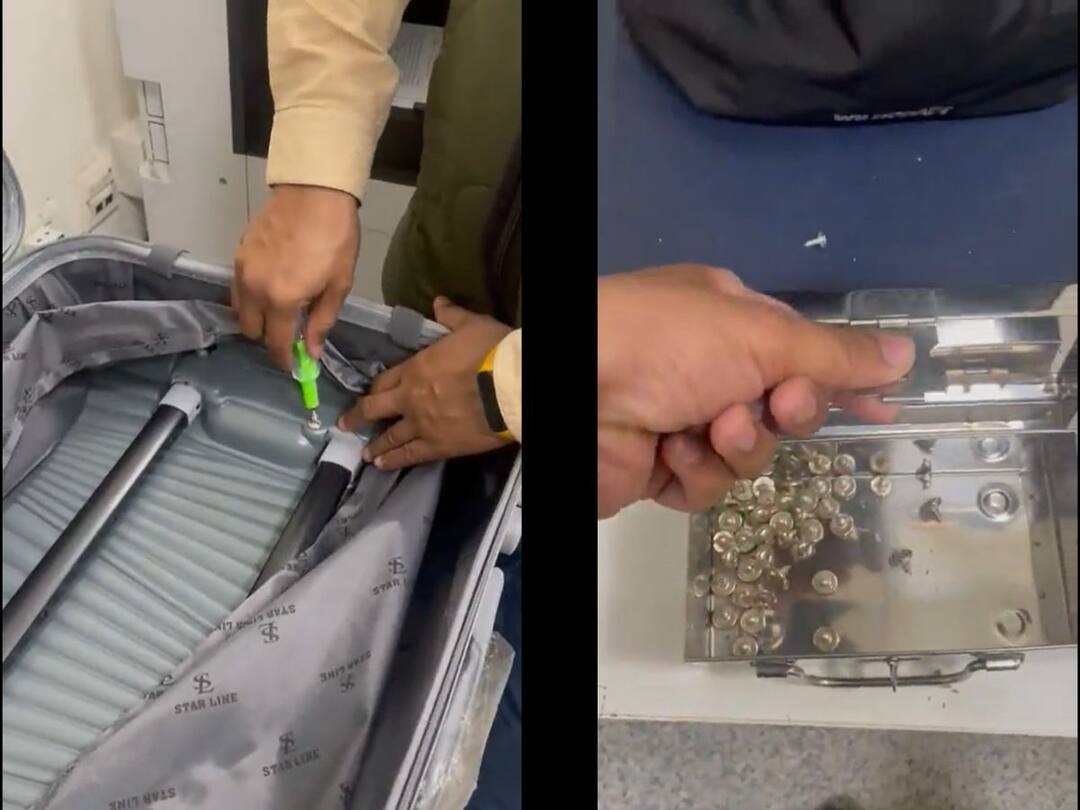 gold seized weighing 455 gms in the form of suitcase screws and rods at hyderabad airport Watch Video: தங்கத்தை பெட்டியின் ஸ்க்ரூ, கம்பியாக மாற்றி கடத்த முயற்சி.. வசமாக சிக்கியது எப்படி தெரியுமா?