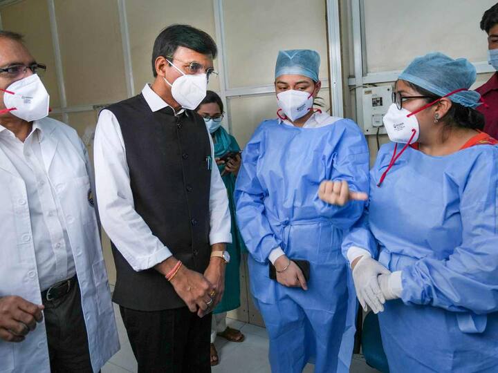 Union Health Minister Mansukh Mandaviya interacted with healthcare workers during his visit to the hospital earlier today. (Source: PTI)