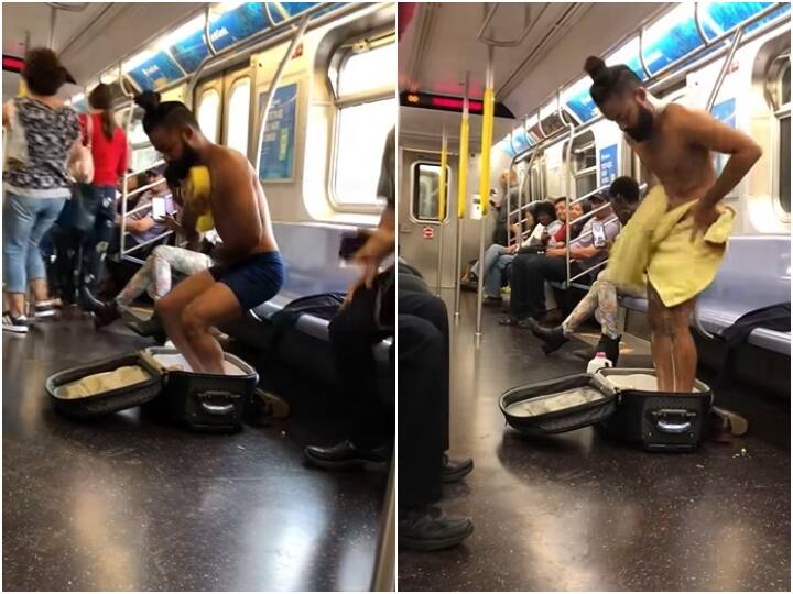 boy taking a shower inside subway in New York City USA मेट्रो में अचानक कपड़े उतारकर नहाने लगा लड़का.... ये वीडियो देख आप भी हैरान रह जाएंगे