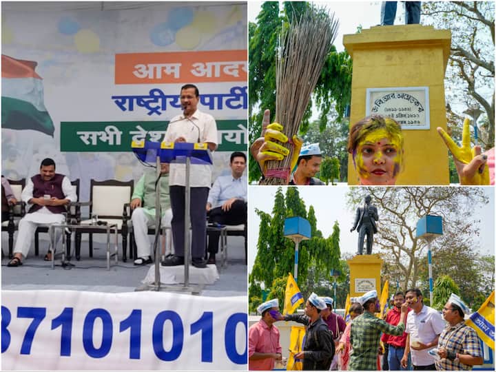 At DDU Marg, a large number of AAP leaders and employees congregated as party flags, patriotic songs, and yellow and blue balloons adorned the streets.