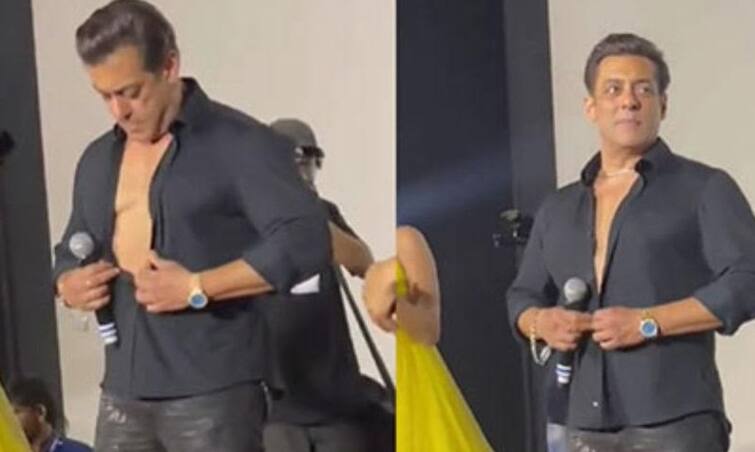 Watch: Salman Khan's 6 pack abs are not amazing of VFX, the actor proved it by opening his shirt at the event Watch: VFXનો કમાલ નથી સલમાન ખાનના 6 પેક એબ્સ, ઇવેન્ટમાં એક્ટરે શર્ટ ખોલીને કર્યું સાબિત