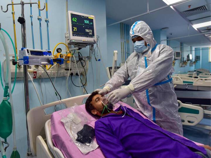 Healthcare worker conducts mock drill in Prayagraj’s Swaroop Rani Nehru Hospital on Tuesday to check Covid-19 preparedness. (Image: PTI)