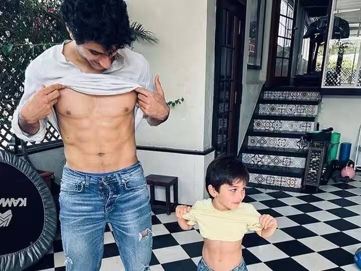Kareena's 6-year-old son Taimur, competing with Ibrahim Ali Khan in fitness, showed off his abs by lifting a T-shirt ફિટનેસમાં ઇબ્રાહિમ અલી ખાનને ટક્કર આપે છે કરીનાનો 6 વર્ષના પુત્ર તૈમુર, ટી-શર્ટ ઊંચી કરી બતાવ્યા એબ્સ