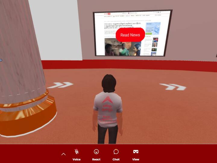 Within the ABP Nadu Metaverse, You can read news articles in a similar way as one would observe paintings in an art gallery. Just point and click, and you will have an interactive pop-up window that will show you news articles. [Image Credit: ABP Nadu Metaverse]