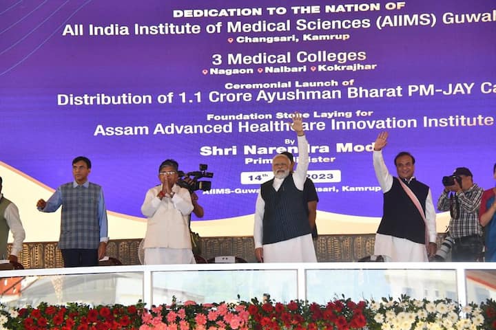 Prime Minister Narendra Modi arrived in Guwahati on Friday as Assam celebrates the festival of Bihu. The prime minister inaugurated AIIMS Guwahati in the presence of Chief Minister Himanta Biswa Sarma.  (Image Source: Pallav Bora)