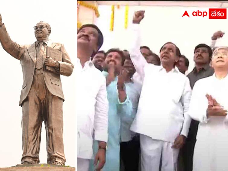 CM KCR unveiled the biggest statue of Ambedkar in Hyderabad. Telangana News :  అతి పెద్ద అంబేద్కర్ విగ్రహం ఆవిష్కరించిన కేసీఆర్ - హెలికాఫ్టర్‌తో పూలవర్షం !