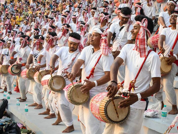 Bihu dancers perform attempting to set a Guinness World Record during an event celebrating Rongali Bihu festival, in Guwahati, Thursday, April 13, 2023. Over 11,000 Bihu dancers are participating in the performance