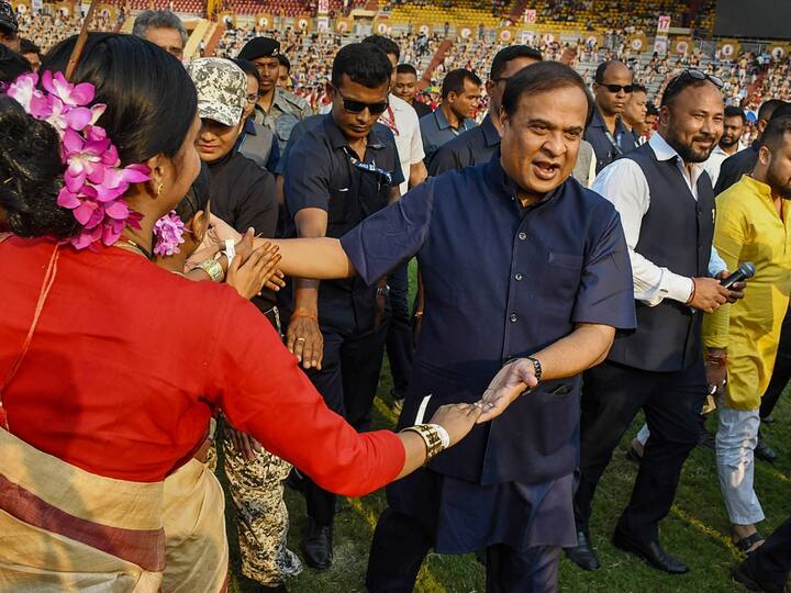 Assam Chief Minister Himanta Biswa Sarma meets Bihu dancers before their performance that set a Guinness World Record during an event celebrating Rongali Bihu festival, in Guwahati, Thursday, April 13, 2023.