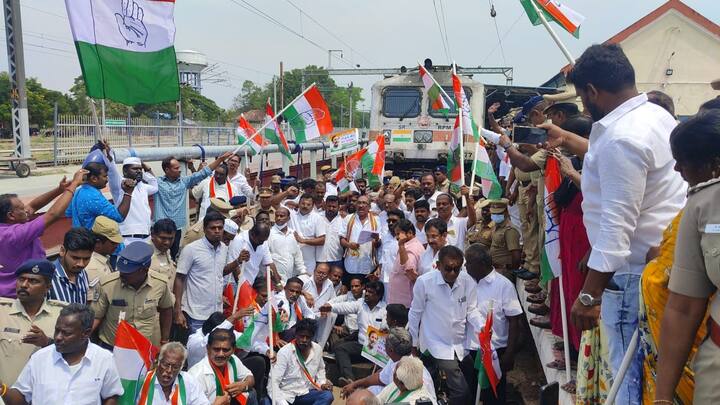 In Trichy, 500 Congress workers were detained for holding rail roko in junction railway station (Credit: ABP Nadu)