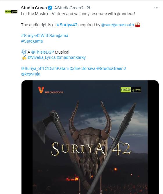 தற்போது சூர்யா 42 பாடல்களின் உரிமத்தை சரிகம பெற்றுள்ளது என தயரிப்பாளர் கே. ஞானவேல் ராஜா தனது டிவிட்டர் பக்கத்தில் தெரிவித்துள்ளார்.