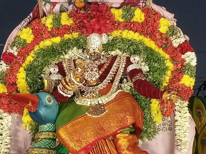 கரூர்: தமிழ் புத்தாண்டை முன்னிட்டு மாவடி சுவாமி மயில் வாகனத்தில் திருவீதி உலா