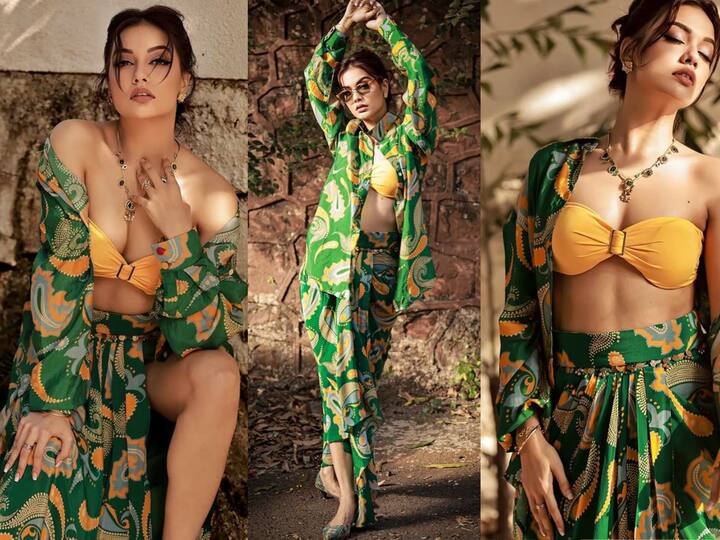 Divya Agarwal coloured Instagram in a bright green and yellow outfit, looking gorgeous in it. Here are the pictures.