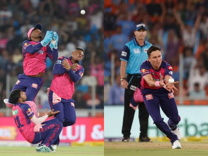 IPL 2023 For Wriddhiman Saha Catch Sanju Samson Hetmyer And Jurel collide Trent Boult somehow managed to hold the Catch See Video Video: साहा का कैच पकड़ने पहुंचे कप्तान सैमसन सहित 3 फील्डर, अंत में बोल्ट ने दिखाई चालाकी और लपका कैच, देखें वीडियो