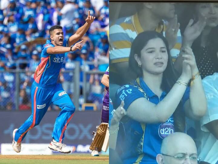 IPL 2023 Arjun Tendulkar Makes His Debut For Mumbai Indians Sister Sara Tendulkar is in the stadium to support Him MI vs KKR: अर्जुन तेंदुलकर ने स्विंग पर बल्लेबाज को दिया चकमा तो खुशी से झूम उठी बहन सारा तेंदुलकर, रिएक्शन वायरल