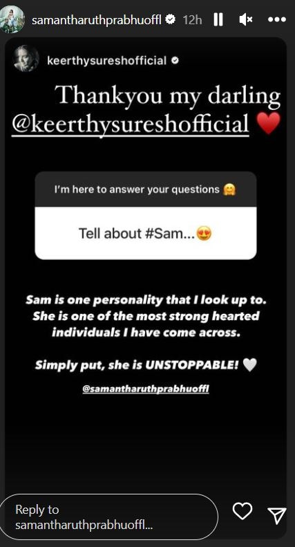 Samantha Prabhu Reacts To Keerthy Suresh's Comment 'Unstoppable, One Of The Most Strong Hearted People