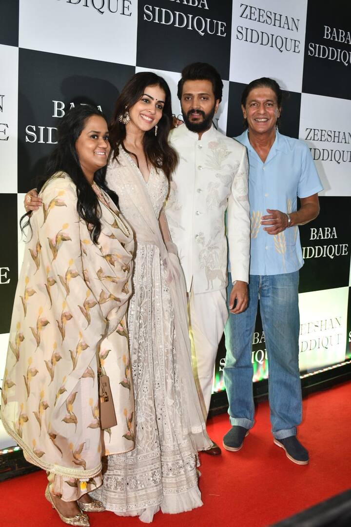 Power couple Ritesh and Genelia Deshmukh made a striking appearance twinning in ivory coloured outfits and struck a pose with Chunky Pandey and Arpita Sharma.