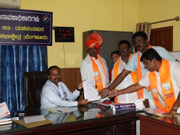 Karnataka Minister ST Somashekar Gowda files his nomination as BJP candidate from Yeshwanthpur assembly constituency. Image Source: ANI