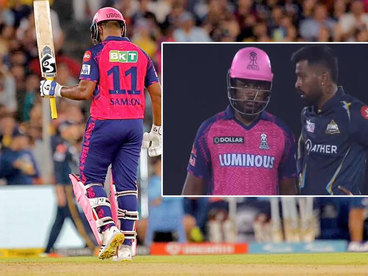 Viral Video IPL 2023 GT vs RR Hardik Pandya Sledges Sanju Samson RR Captain Gives Back In Style With Bat- WATCH Viral Video: సంజూను స్లెడ్జింగ్‌ చేసిన పాండ్య! హ్యాట్రిక్‌ సిక్సర్లతో 'వాత' పెట్టిన శాంసన్‌!