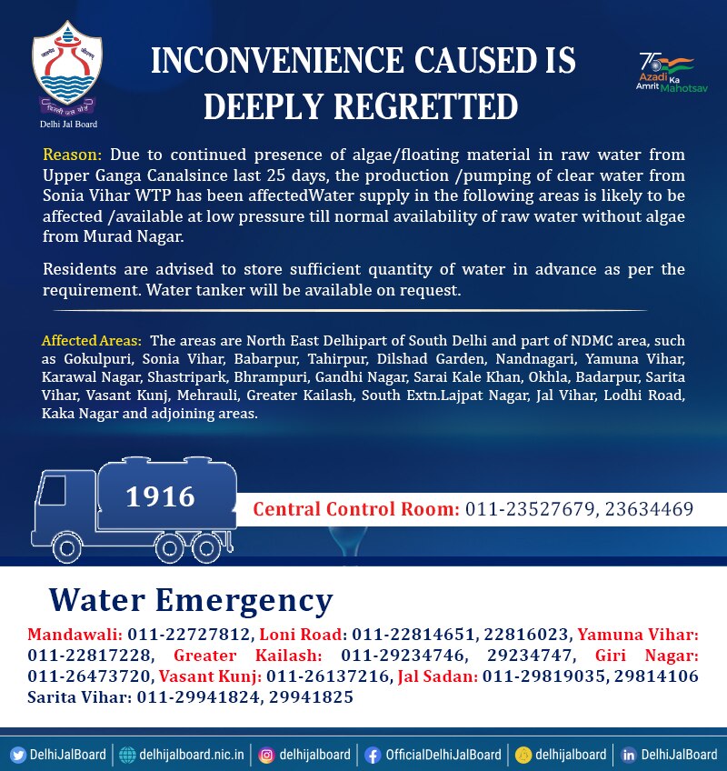 Delhi Water Supply: इन इलाकों में आज रहेगी पानी की किल्लत, जरूरत होने पर यहां से मंगाएं पानी टैंकर 