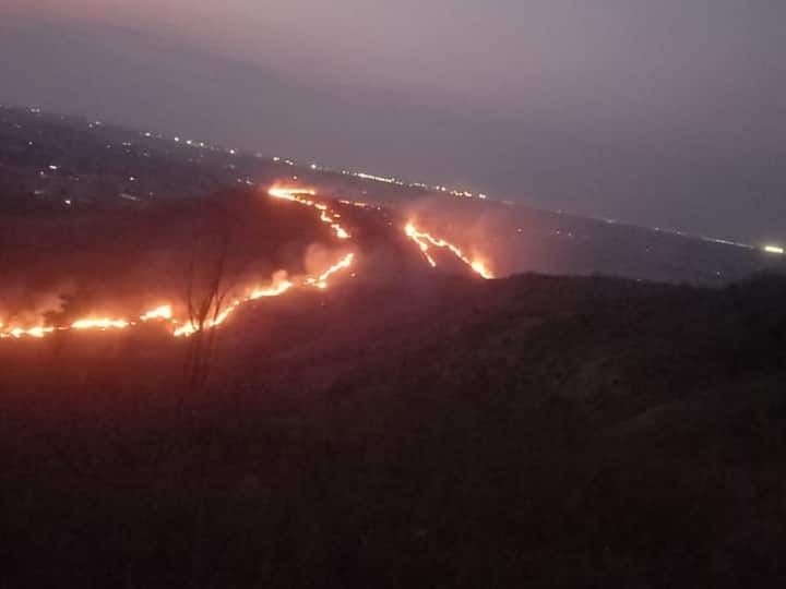 Jabalpur Hill Forest Fire behind Sharda Temple in Barela Video Viral ANN Watch: जबलपुर की पहाड़ी पर भीषण आग, आसपास के गांवों में दहशत, वन विभाग ने तीन घंटे बाद पाया काबू