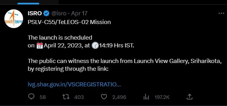 ISRO TeLEOS-02: சிங்கப்பூர் செயற்கைக்கோளுடன் விண்ணில் பாய்கிறது பி.எஸ்.எல்.வி. C-55 ராக்கெட்!