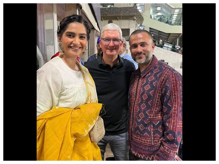 Apple CEO Tim Cook watched the IPL match between Delhi Capitals and Shah Rukh Khan's Kolkata Knight Riders on Thursday with Bollywood actress Sonam Kapoor and her husband Anand Ahuja.