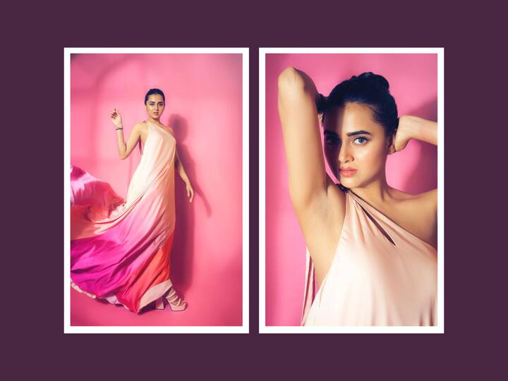 Tejasswi Prakash often gives us a glimpse of her trendy wardrobe and we cannot stop drooling. Recently she shared pictures in a pinkish outfit looking really sweet in it. Here are the pictures.