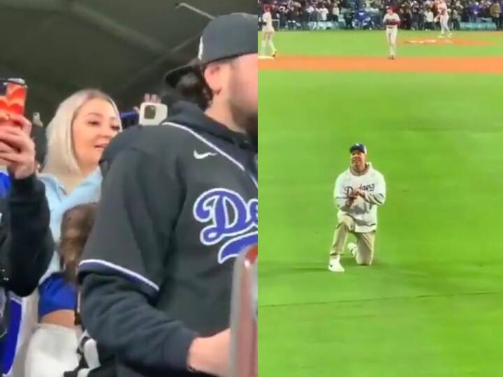 boy enters Dodger Stadium proposing girl during Baseball match love viral video बेसबॉल मैच चल रहा था, तभी गर्लफ्रेंड को प्रपोज करने मैदान में दौड़ा युवक, Video में देखिए फिर क्या हुआ