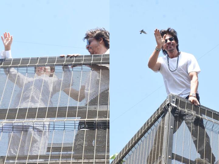 As is customary practise, Shah Rukh Khan greeted his fans from his residence, Mannat, in Mumbai on the occasion of Eid. He was joined by his youngest son AbRam who also waved at fans. Check out pics