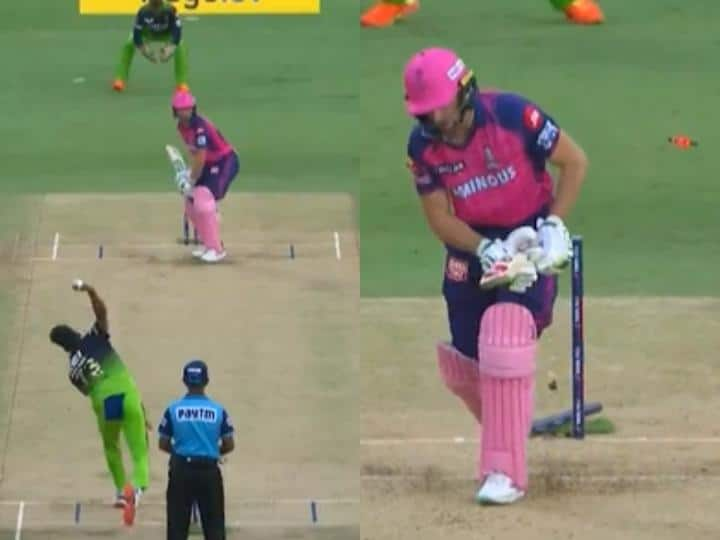 IPL 2023 RCB vs RR Mohammed Siraj cleans up Jos Buttler With extraordinary delivery See Video RCB vs RR: मोहम्मद सिराज की बेहतरीन इनस्विंग गेंद पर चारों खाने चित हुए जॉस बटलर, देखिए वीडियो