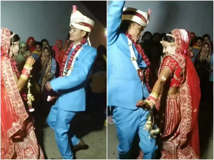 bride and groom are seen dancing with a bang as soon as Bhojpuri song plays दूल्हा और दुल्हन ने किया भोजपुरी सॉन्ग पर धमाकेदार डांस, देखते रह गए रिश्तेदार