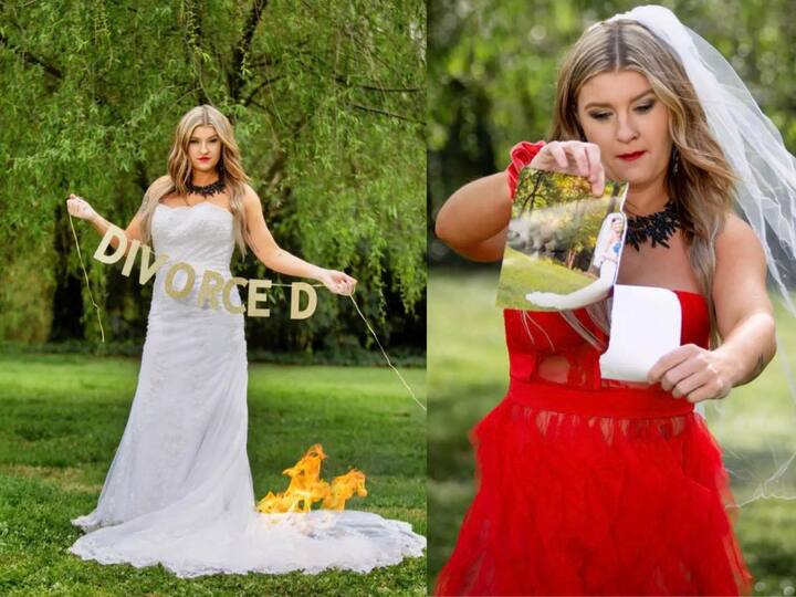 Watch Video Woman In US Celebrates Her Divorce By Burning Her Wedding Dress Divorce Celebration: విడాకులను సెలబ్రేట్ చేసుకున్న మహిళ, పెళ్లి డ్రెస్‌ని మంటల్లో కాల్చేస్తూ ఆనందం