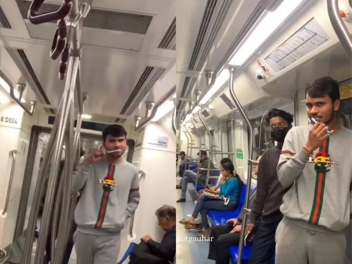 Viral Video Delhi man brushes teeth on metro Video goes viral watch Viral Video: మెట్రోలో పళ్లు తోముకున్న యువకుడు, పాపం ఇంట్లో కుదరలేదేమో -  వైరల్ వీడియో