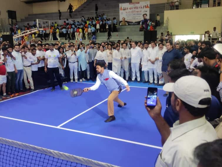 Union Sports Minister Anurag Thakur Noida MP Mahesh Sharma Play Pickleball Saansad Khel Spardha Uttar Pradesh Watch Video