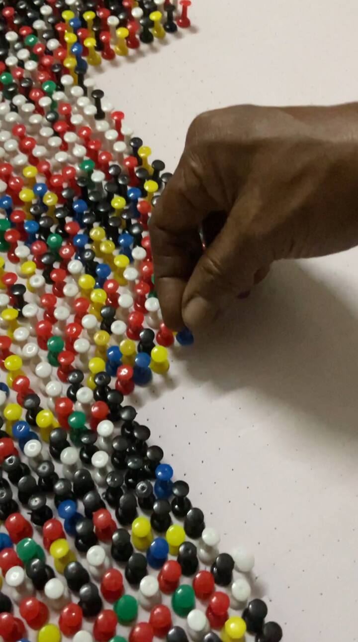 चार दिवसांच्या अथक नेहनतीनंतर नितीननं आपलं हे शिल्प केलंय. विविधरंगी पुश पिनांचा वापर करून सचिनचं रेखाटलेलं हे शिल्प पाहताच क्षणी मोहून टाकतं