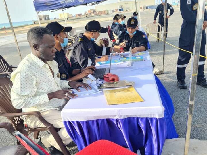 In the photo, people are filling out paperwork to register to board the Indian ship. Sudanese violence erupted in Khartoum and other cities as a result of a power struggle between two major factions of the country's military regime, killing over 250 people and injuring approximately 2,600 others. (Image Source: MEA)