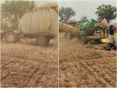 किसान ने थ्रेसर मशीन में फिट किया जुगाड़, गेहूं की फसल कटने के साथ ही लोड किया भूसा 