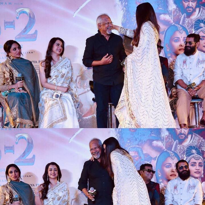 மணிரத்னம், சோபிதா, விக்ரம், த்ரிஷா உள்ளிட்ட பலர் மேடையில் அமர்ந்திருந்த காட்சி.