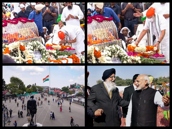 Prime Minister Narendra Modi paid floral tributes to Parkash Singh Badal in Chandigarh as scores of people and political leaders thronged the SAD office to pay homage to the five-time Punjab CM.