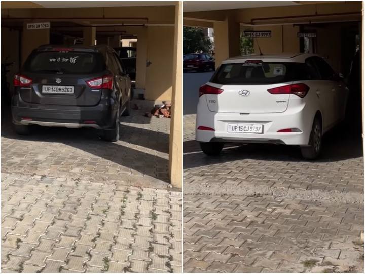 Apartment dwellers hang car number plates in air for car parking space सोसायटी में पार्किंग का अनोखा जुगाड़, हवा में लटका दी कार की नंबर प्लेट 