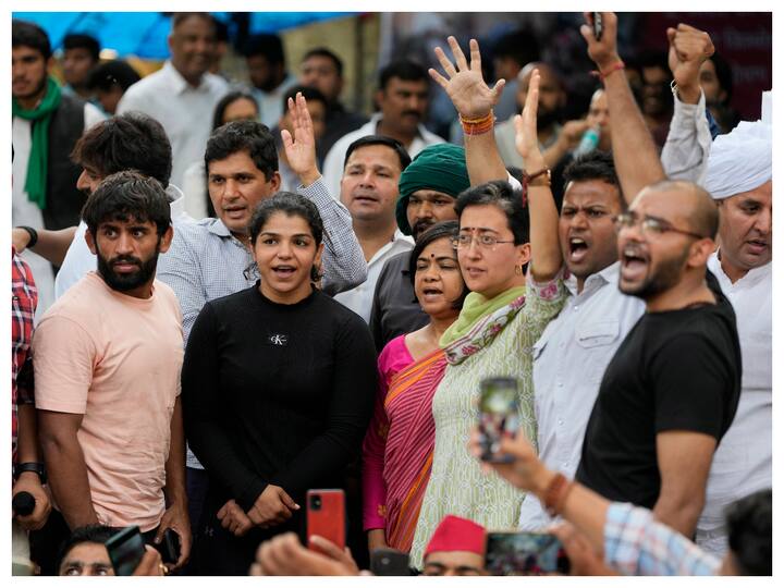 AAP ministers Saurabh Bharadwaj and Atishi, Congress leader Deepender Singh Hooda met the wrestlers protesting against WFI chief Brij Bhushan Singh at Jantar Mantar in Delhi.