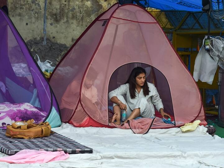 भारतीय पुरुष और महिला पहलवान जंतर-मंतर पर मच्छरों से बचने के लिए मच्छरदानी में रात गुजारते नजर आ रहे हैं. यहां कई सारी मच्छरदानियां रखी हुई हैं.