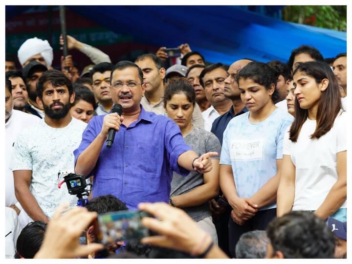 Delhi Chief Minister Arvind Kejriwal visited Jantar Mantar to meet the protesting wrestlers on Saturday. The wrestlers have launched a second round of protest against Wrestling Federation of India (WFI) president Brij Bhushan Sharan Singh, over allegations of sexual harassment and intimidation. (Image: Twitter/@AamAadmiParty)