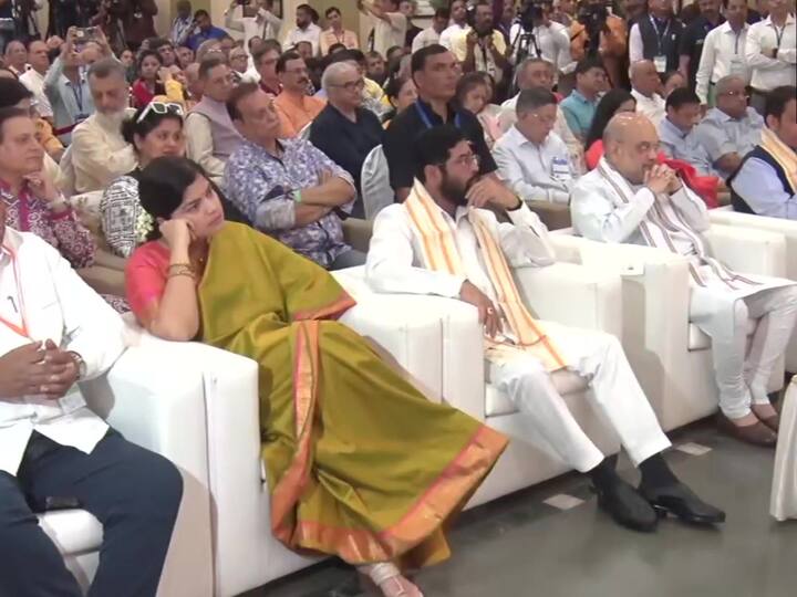 Union Home Minister Amit Shah and Maharashtra CM Eknath Shinde, along with others, listen to the 100th episode of Mann Ki Baat in Mumbai, Maharashtra. (Image Credit: ANI)