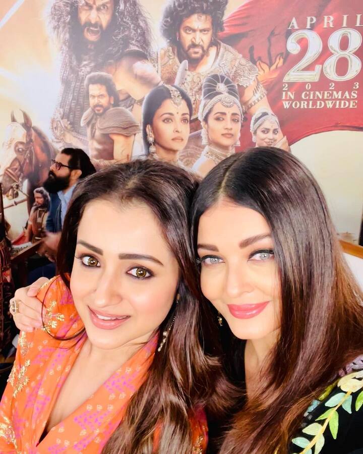 In another picture, Aishwarya can be seen being all smiles with co-star Trisha Krishnan who essays the role of Princess Kundavai in the film and strongly abhors Aishwarya's character Nandini, in the film.