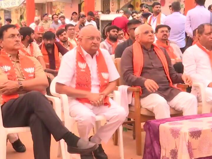 Gujarat CM Bhupendra Patel listens to the 100th episode of Mann Ki Baat in Ahmedabad. (Image Credit: ANI)